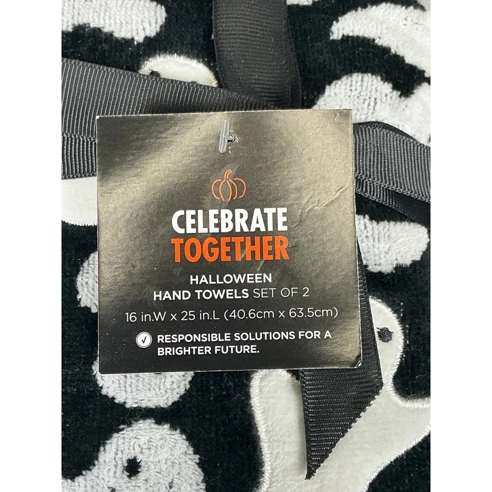 Celebrate Together Halloween Ghost Hand Towels Set of 2 Black White 16x25 NWT